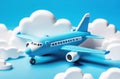 blue toy airplane on blue background with voluminous white clouds. 3D, cartoon, volumetric elements