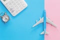 Blue toy airplane on blue and pink background Royalty Free Stock Photo