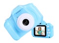 Blue toy cameras on background in collage, one with photo of cute little girl making slime Royalty Free Stock Photo