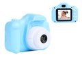 Blue toy cameras on white background in collage, one with photo of cute girl taking bubble bath Royalty Free Stock Photo