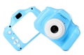 Blue toy cameras on background in collage, one with space for design Royalty Free Stock Photo