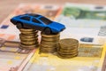 Blue toy car on coin and euro Royalty Free Stock Photo