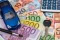 blue toy car with euro banknotes, calculator Royalty Free Stock Photo