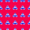Blue Toy car icon isolated seamless pattern on red background. Vector Royalty Free Stock Photo