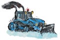Blue tractor bulldozer cleans snow on roads painted with watercolors