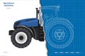 Blue tractor drawing. Isolated agricultural machine. Top, side and front views. 3d industrial outline blueprint