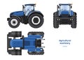 Blue tractor drawing. Isolated agricultural machine. Top, side, front views of farmer vehicle. 3d industrial blueprint Royalty Free Stock Photo