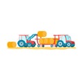 Blue tractor loading hay bales onto trailer field. Farm machinery agriculture equipment work Royalty Free Stock Photo