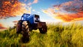 Blue tractor parked on a sloped grass field. Royalty Free Stock Photo