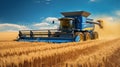 Blue tractor working on a vast wheat field, AI-generated.