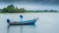 Blue traditional fishing boat at anchor with trees in the background and reflection in the water Royalty Free Stock Photo