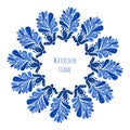 Blue traditional floral round frame in russian gzhel style or holland style. Vector template with watercolor decoration