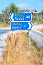 Blue traffic sign with directions to Rhodes town and Lindos Rhodes, Greece