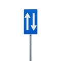 Blue Traffic Sign with Two White Arrows Indicating Two- Way Traffic on a White Background Royalty Free Stock Photo