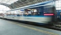 Blue train departing the Prague main train station with another Ceske Drahy train parked at the other platform. Royalty Free Stock Photo