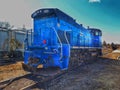 Blue Train Engine On The Tracks In Orangeville, Ontario