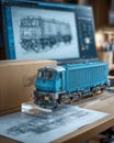 Blue train model with sketches and digital designs in a cozy workspace setting Royalty Free Stock Photo