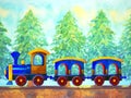 Blue train retro cartoon watercolor painting travel in christmas pine tree forest illustration design hand drawing Royalty Free Stock Photo