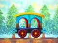 Blue train retro cartoon watercolor painting travel in christmas pine tree forest illustration design hand drawing Royalty Free Stock Photo