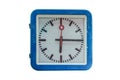 Blue train station clock on a white background blacked pointers one red pointer