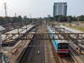 blue train on tanah abang station jakarta Royalty Free Stock Photo