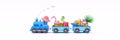 Blue train and wagons filled with luggage and beach accessories on white background. Creative summer vacation idea 3D Render Royalty Free Stock Photo