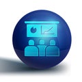 Blue Training, presentation icon isolated on white background. Blue circle button. Vector