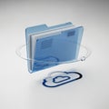 Blue translucent digital folder with cloud icon and orbiting ring on white background cloud computing Royalty Free Stock Photo