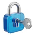 Blue translucent padlock with a shiny silver key unlocking it, symbolizing security, access, and solutions, isolated on transparen Royalty Free Stock Photo