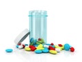 Blue translucent plastic jar with colored pills