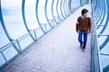 Blue transparent corridor and adult white man