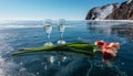 On a blue transparent frozen lake there are two glasses of champagne, red and yellow tulips. Royalty Free Stock Photo