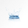 Blue transparent water vector splash crown with ripple reflection. water spray with drops . 3d illustration