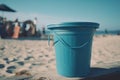 Blue Trash can on the beach sunny day. Concept photo of a clean beach.Generative AI Royalty Free Stock Photo