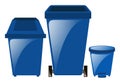 Blue trashcans in three different sizes