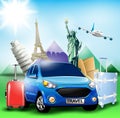 Blue Travel Car together with Plane and World's Famous Landmarks