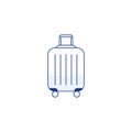 Blue travel plastic suitcase line icon with handle