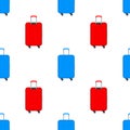 Blue travel plastic suitcase with wheels realistic pattern on white background. Vector stock illustration.