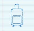 Blue travel plastic suitcase with wheels realistic sketch on white background. Vector stock illustration