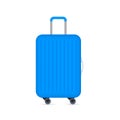 Blue travel plastic suitcase with wheels realistic on white background. Vector stock illustration