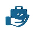 Blue Travel suitcase in hand icon isolated on transparent background. Traveling baggage insurance. Security, safety