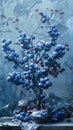 A blue tree with leaves and fruit in a dark room Royalty Free Stock Photo