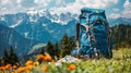 A blue trekking backpack resting on the ground amid the backdrop of the sunlit Alps mountains, evoking a sense of serenity and Royalty Free Stock Photo