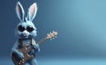 Blue trendy Rabbit plays the guitar on a blue background with copy space. AI generated Royalty Free Stock Photo