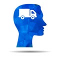 Blue Triangle design icon with human head, brain and truck. Abstract Blue Triangle Polygonal Man head and truck Royalty Free Stock Photo
