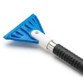 Close up of a blue triangular ice scraper with a black ribbed handle on a white background Royalty Free Stock Photo