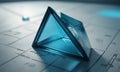 blue triangular object rests on white grid, with small blue object in the top left corner and blue light