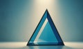 blue triangular object with white line stands against light blue background, casting shadow on the floor.