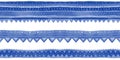 Blue tribal seamless borders with stripes and ornament. Watercolor raster ethnic design element