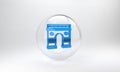 Blue Triumphal Arch icon isolated on grey background. Landmark of Paris, France. Glass circle button. 3D render